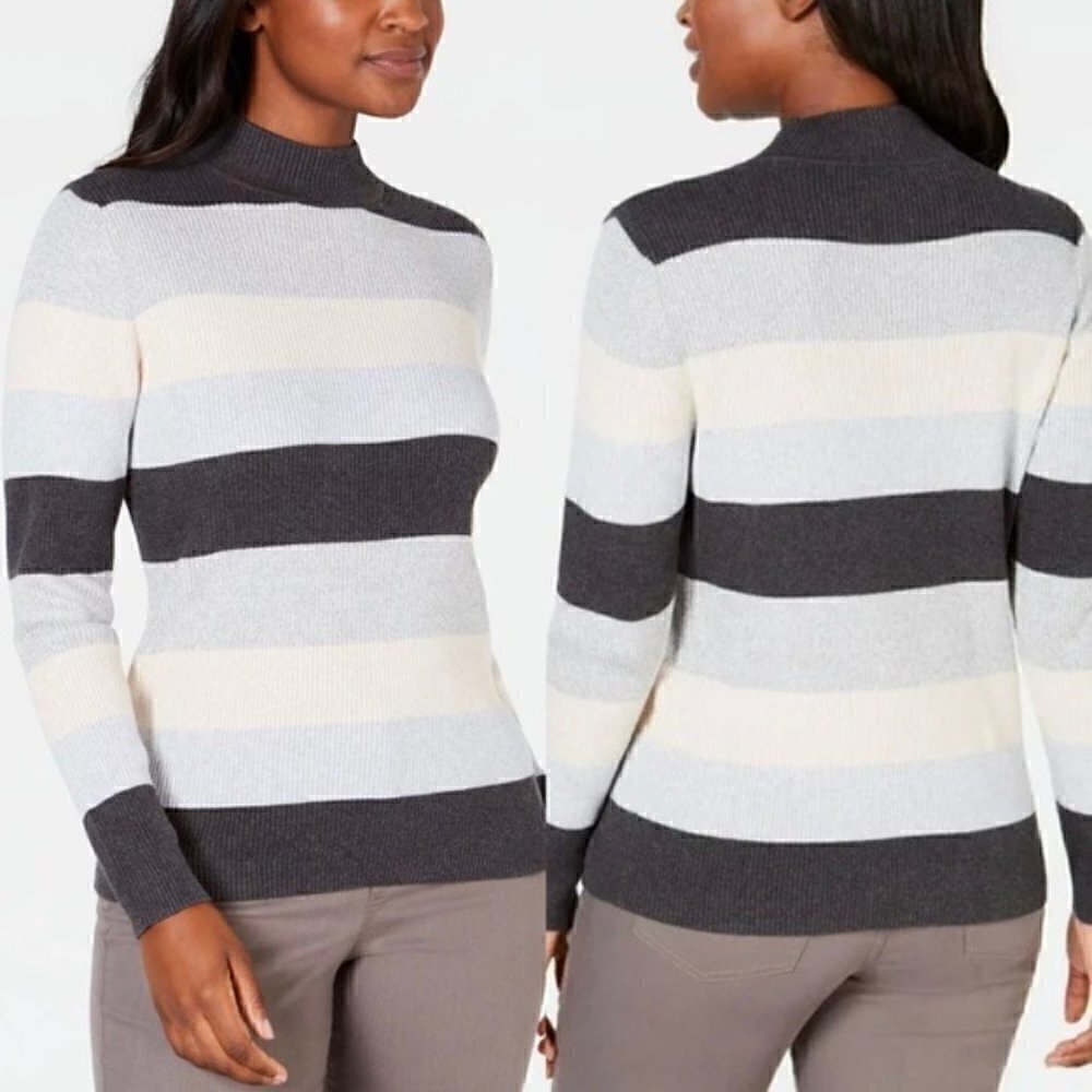 NEW Karen Scott Mock Neck Sweater Size Large Gray Beige Color Block Long Sleeve